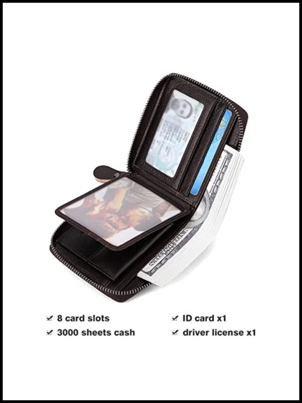 Genuine Leather Zipper Wallet RFID Secure Large Capacity Double Fold Multi-card